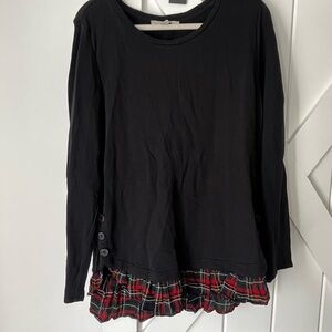 LOFT Black Layered-Look Long Sleeve Top with Plaid Ruffle Trim